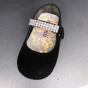 Baby Nubuck Rhinestone Studded Hook Loop Mary Jane Flat - Black